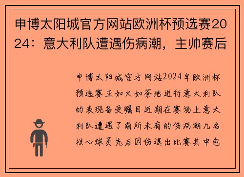 申博太阳城官方网站欧洲杯预选赛2024：意大利队遭遇伤病潮，主帅赛后透露战术调整计划